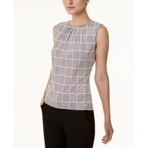 Calvin Klein Top Womens PXL Black White Geometric Sleeveless Keyhole Blouse NWT - Picture 1 of 10